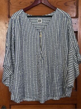 Anne Klein Striped V-Neck Zip-Front Women's Top in Blue and Gold Size XL